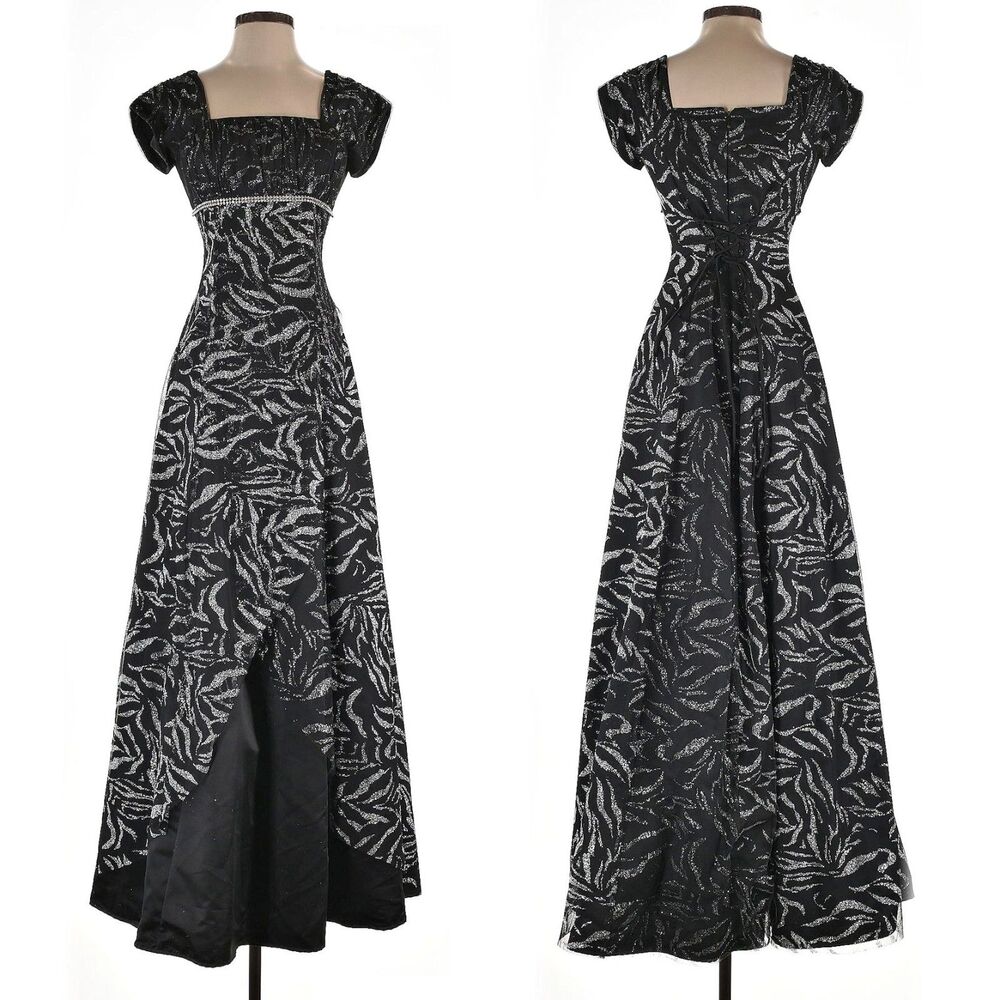 Vintage 90s Jody California Ball Gown Regency Empire Prom Dress Zebra Glitter - Picture 3 of 12